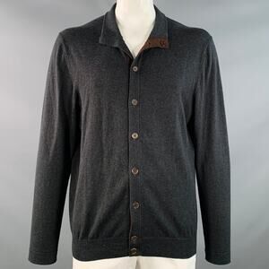 ROBERT TALBOTT Size XL Grey Brown Contrast Trim Cotton Cashmere Cardigan